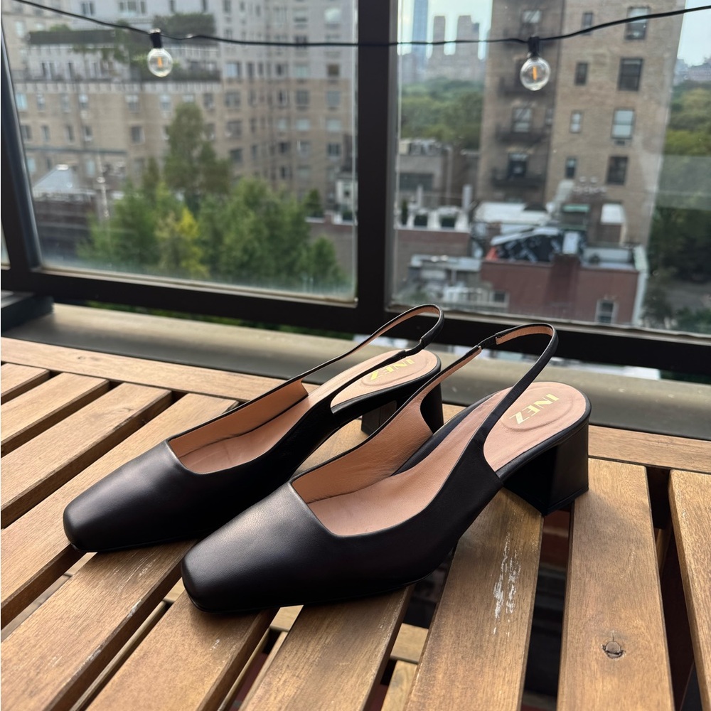 INEZ Black Leather Slingback Heels - Picture 2 of 9